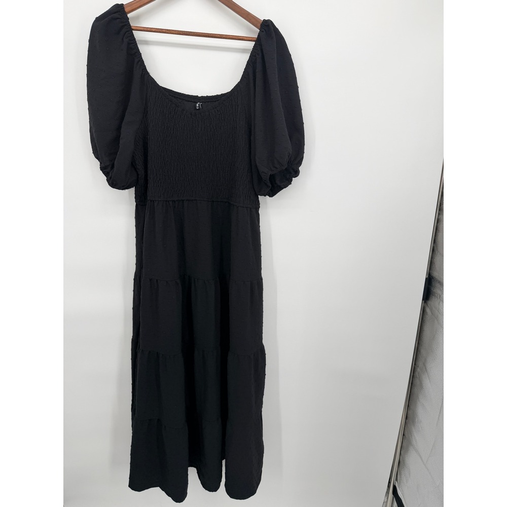Fashion Midi Dress Women XXL Black Good Swiss Dot Smocked Puff Sleeve Tiered